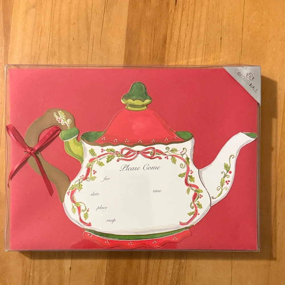 NWT Set-of-10 Holly Teapot Invitations w/red envelopes, in original box